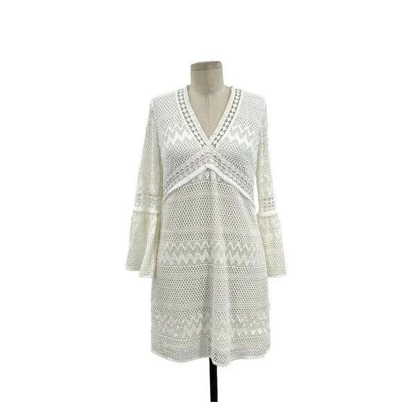Shoshanna Dresses & Skirts - Shoshanna Ivory Chevron Crochet Bell Sleeve Mini Dress White Cream Size 2